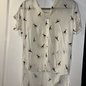 Women's Cream Button-Up Top with Brown Giraffe Print